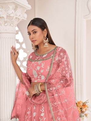 Rajwada Pink Net Embroidered Semi Stitched Lehenga For Women