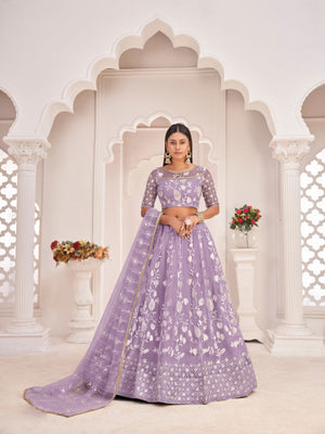 Rajwada Lavender Net Embroidered Semi Stitched Lehenga For Women