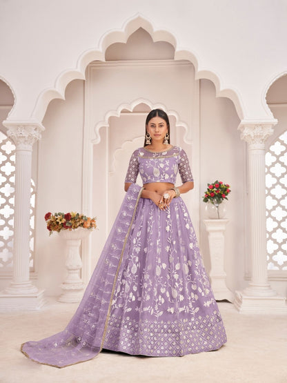 Rajwada Lavender Net Embroidered Semi Stitched Lehenga For Women