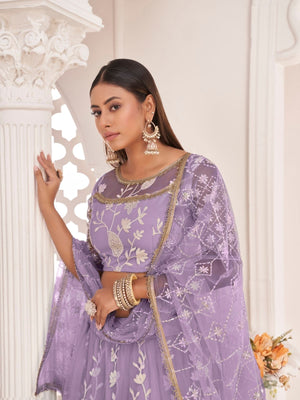 Rajwada Lavender Net Embroidered Semi Stitched Lehenga For Women