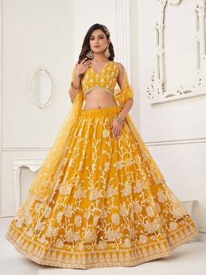 Rajwada Yellow Net Embroidered Semi Stitched Lehenga For Women