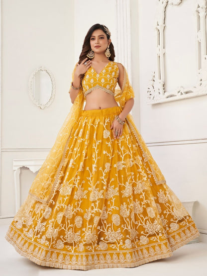 Rajwada Yellow Net Embroidered Semi Stitched Lehenga For Women