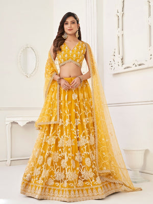 Rajwada Yellow Net Embroidered Semi Stitched Lehenga For Women