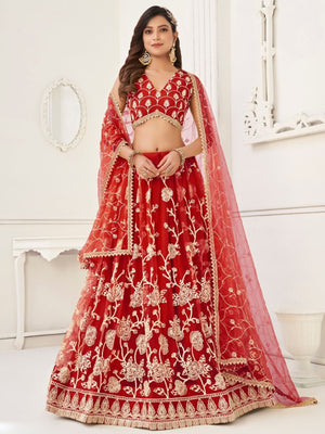 Rajwada Red Net Embroidered Semi Stitched Lehenga For Women