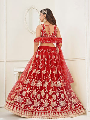 Rajwada Red Net Embroidered Semi Stitched Lehenga For Women
