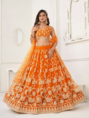 Rajwada Orange Net Embroidered Semi Stitched Lehenga For Women