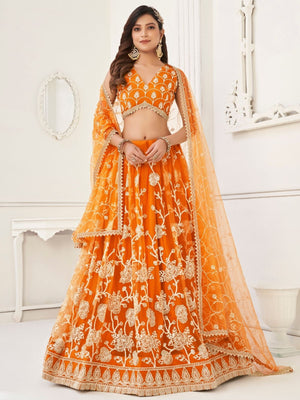 Rajwada Orange Net Embroidered Semi Stitched Lehenga For Women