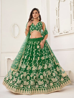 Rajwada Dark Green Net Embroidered Semi Stitched Lehenga For Women