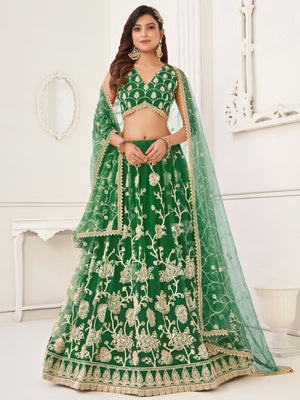 Rajwada Dark Green Net Embroidered Semi Stitched Lehenga For Women