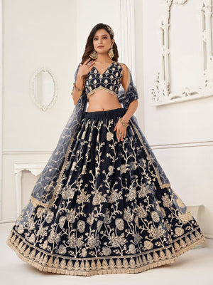 Rajwada Black Net Embroidered Semi Stitched Lehenga For Women