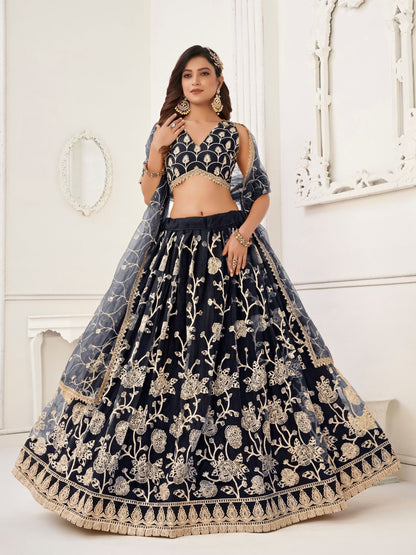 Rajwada Black Net Embroidered Semi Stitched Lehenga For Women