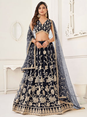 Rajwada Black Net Embroidered Semi Stitched Lehenga For Women