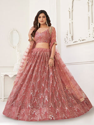 Rajwada Mauve Pink Net Embroidered Semi Stitched Lehenga For Women