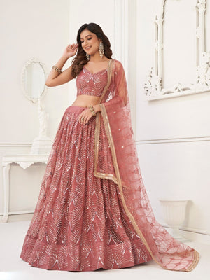 Rajwada Mauve Pink Net Embroidered Semi Stitched Lehenga For Women