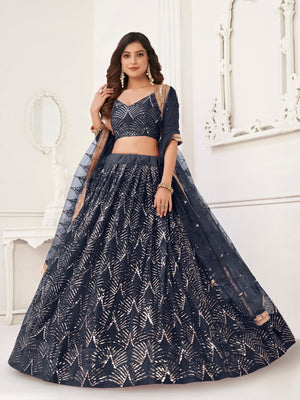 Rajwada Black Net Embroidered Semi Stitched Lehenga For Women