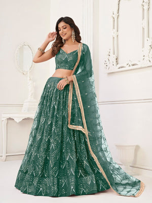 Rajwada Green Net Embroidered Semi Stitched Lehenga For Women