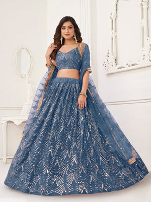 Rajwada Blue Net Embroidered Semi Stitched Lehenga For Women