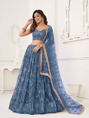Rajwada Blue Net Embroidered Semi Stitched Lehenga For Women