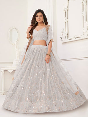 Rajwada Off White Net Embroidered Semi Stitched Lehenga For Women