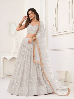 Rajwada Off White Net Embroidered Semi Stitched Lehenga For Women
