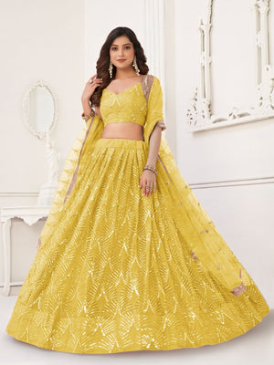 Rajwada Yellow Net Embroidered Semi Stitched Lehenga For Women