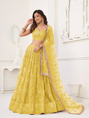 Rajwada Yellow Net Embroidered Semi Stitched Lehenga For Women