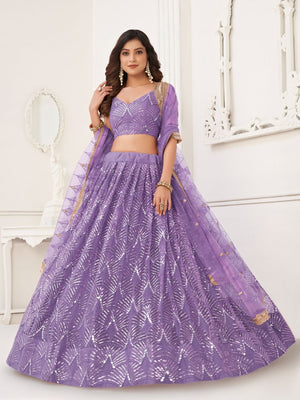 Rajwada Lavender Net Embroidered Semi Stitched Lehenga For Women