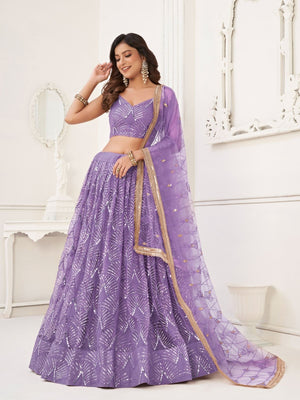 Rajwada Lavender Net Embroidered Semi Stitched Lehenga For Women