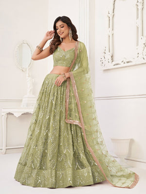 Rajwada Pista Net Embroidered Semi Stitched Lehenga For Women