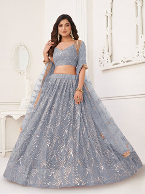 Rajwada Grey Net Embroidered Semi Stitched Lehenga For Women