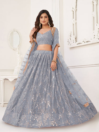 Rajwada Grey Net Embroidered Semi Stitched Lehenga For Women