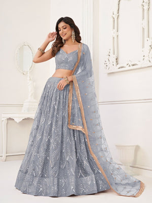 Rajwada Grey Net Embroidered Semi Stitched Lehenga For Women