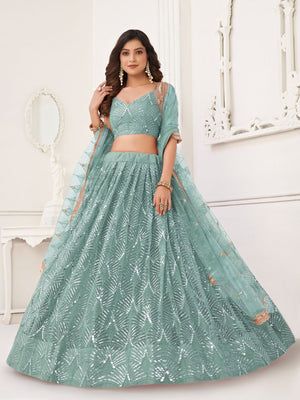 Rajwada Sky Blue Net Embroidered Semi Stitched Lehenga For Women