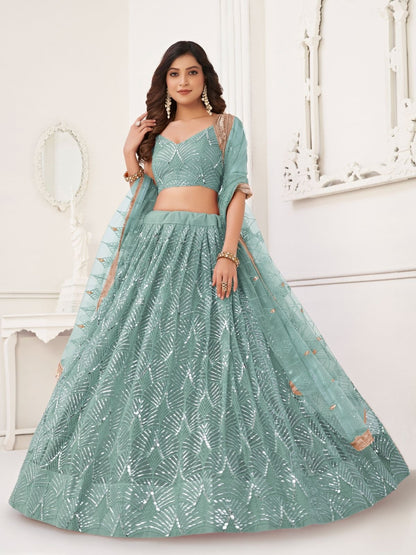 Rajwada Sky Blue Net Embroidered Semi Stitched Lehenga For Women