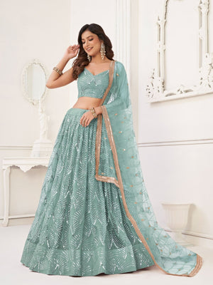 Rajwada Sky Blue Net Embroidered Semi Stitched Lehenga For Women