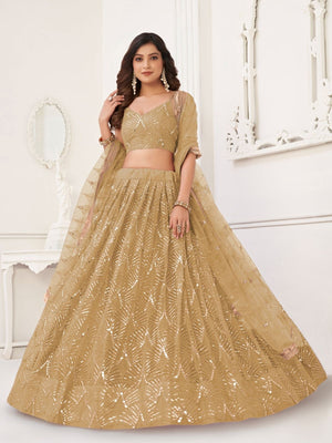 Rajwada Beige Net Embroidered Semi Stitched Lehenga For Women