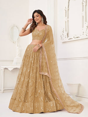 Rajwada Beige Net Embroidered Semi Stitched Lehenga For Women