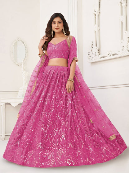 Rajwada Pink Net Embroidered Semi Stitched Lehenga For Women
