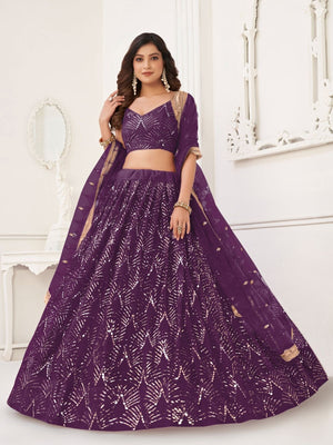 Rajwada Wine Net Embroidered Semi Stitched Lehenga For Women