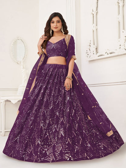 Rajwada Wine Net Embroidered Semi Stitched Lehenga For Women