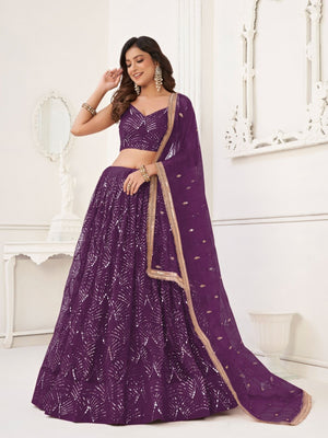 Rajwada Wine Net Embroidered Semi Stitched Lehenga For Women
