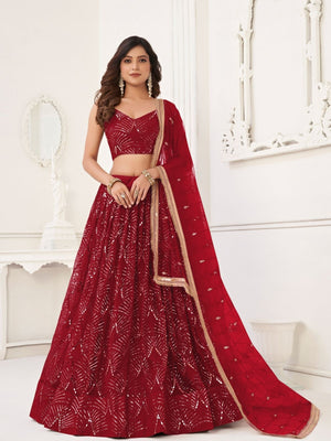 Rajwada Maroon Net Embroidered Semi Stitched Lehenga For Women