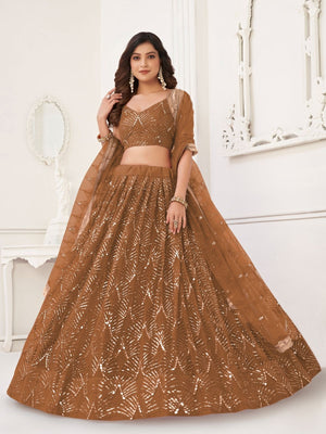 Rajwada Beige Net Embroidered Semi Stitched Lehenga For Women