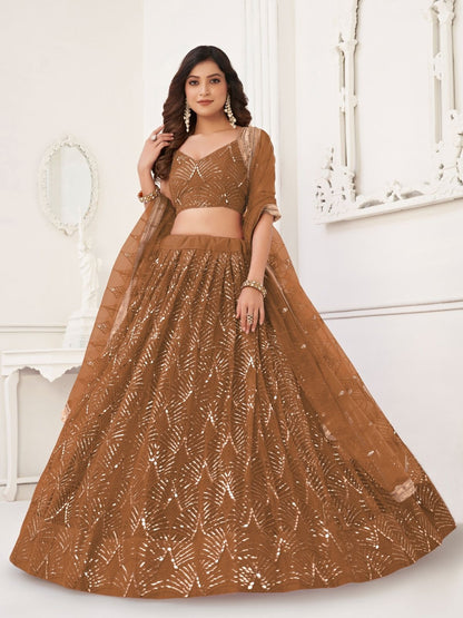 Rajwada Beige Net Embroidered Semi Stitched Lehenga For Women