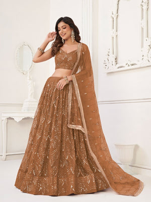 Rajwada Beige Net Embroidered Semi Stitched Lehenga For Women
