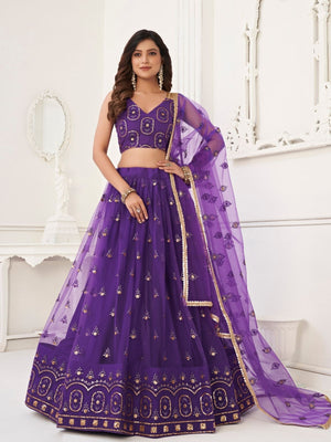 Rajwada Deep Purple Net Embroidered Semi Stitched Lehenga For Women