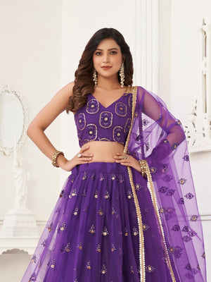 Rajwada Deep Purple Net Embroidered Semi Stitched Lehenga For Women