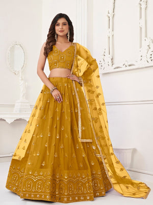 Rajwada Mustard Net Embroidered Semi Stitched Lehenga For Women