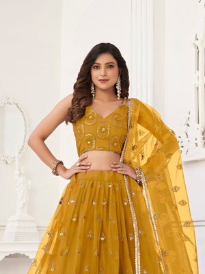 Rajwada Mustard Net Embroidered Semi Stitched Lehenga For Women