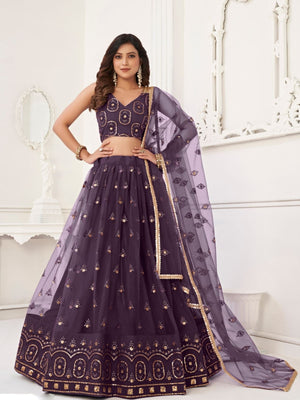 Rajwada Dusty Wine Net Embroidered Semi Stitched Lehenga For Women